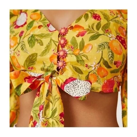 NWT Farm Rio Anthropologie Deep-V Tie-Waist Yellow Crop Top Size S Colorful - Picture 3 of 9